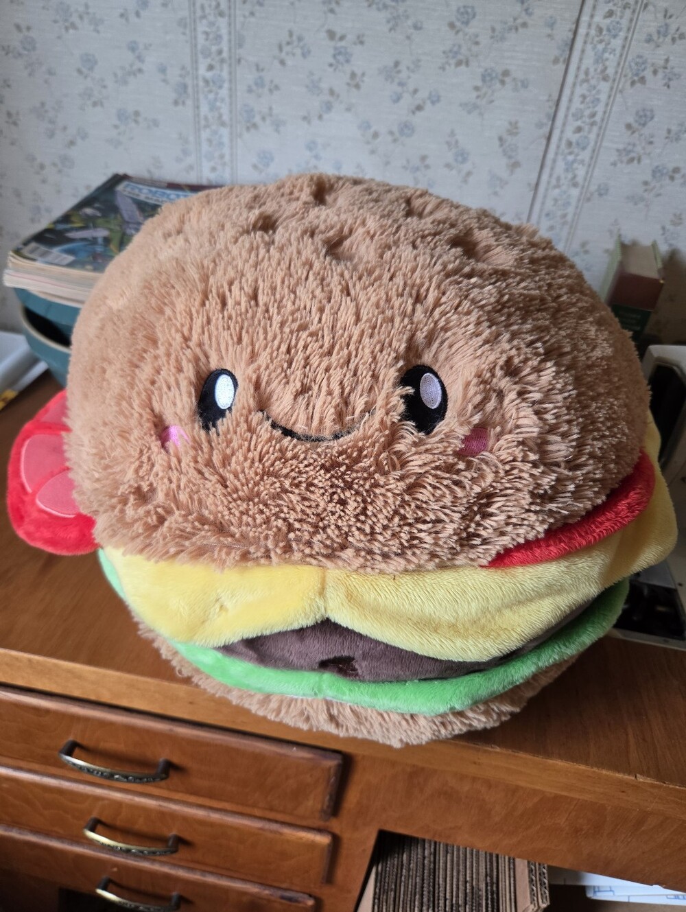 Squishable Smiling Plush Burger with Tomato, Cheese Lettuce Accent